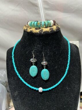 Beaded Necklace and Bracelet with Dyed Blue Stone Pierced Earrings Set